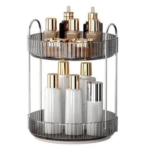 YCIA&DONE 360 Rotating Makeup Organizer and Storage for Vanity Countertop 2 Tiers, High Capacity Cosmetic Skincare Perfume Organizers for Dresser Bathroom Lazy Susan (Smoky Gray)