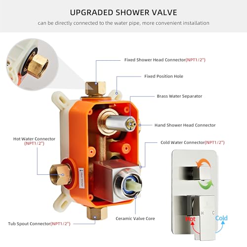Brushed Nickel Rainfall Shower Faucet Set with Tub Spout 10 Inch | Shower Head and Handle with 2 Hooks, Rain Shower and Handheld Shower System Square Wall Mount for Bathroom - color: Brushed Nickel, style: 10 Inch