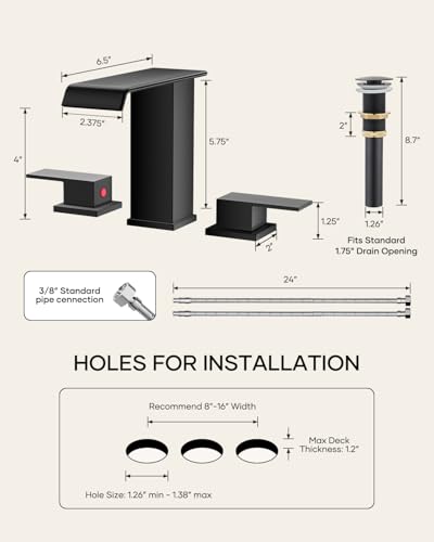 AVSIILE Matte Black Waterfall Bathroom Faucet 3 Hole, 8 Inch Widespread Modern 3 Piece Bathroom Sink Faucet, Touch On Lavatory Faucet for Vanity RV Restroom, Straight Spout - color: Black, style: Straight Spout