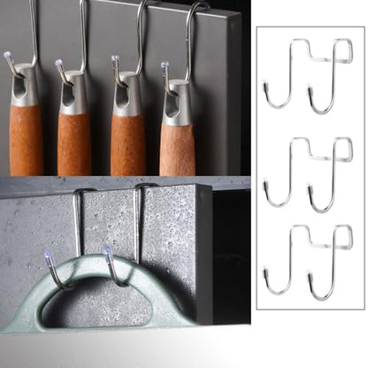 4 Pack Shower Door Hooks Stainless Steel Double Hooks Towel Hook Bathroom Squeegee Holder Over Glass Door Hook for Bathroom Semi-Frameless Sliding Shower Door Soap Saver Bag Pouch