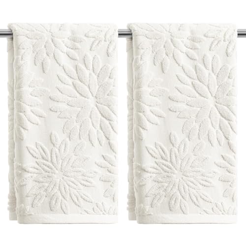 Artoid Mode 2 Pcs White 3D Dahlia Floral Jacquard Hand Towels for Bathroom, 100% Cotton Soft Absorbent Bathroom Decor Towels, 13.7 x 29.5 Inch - color: White, size: 13.7" x 29.5", 2PCS