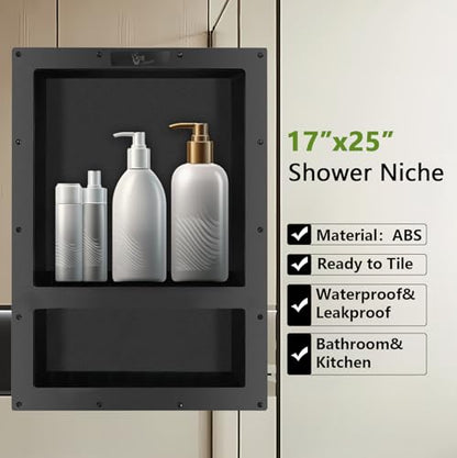 Ready Tile Double Shelf Shower Niche 25" x 17" x 4" Dimensions - Toiletry and Bathroom Niche Storage- Simple Installation with Texture Surface Shower Cubby Double Shelves