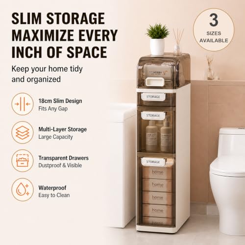 Slim Bathroom Storage Cabinet with Drawers – Narrow Waterproof Rolling Floor Organizer with Wheels, Space-Saving Gap Storage, No Assembly (5-Tier, 38.2" H) - size: 5-Tier, 38.2"H