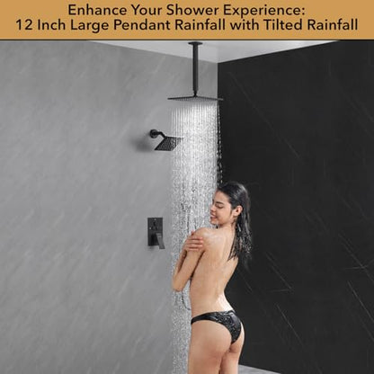 VANFOXLE Shower Faucet Set Matte Black Shower System, Push Button Diverter | 12 Inch Ceiling Mount Rain Head Increased Thick, 6 Inch Wall Mount Head, 2-in-1 Handheld Sprayer, Solid Brass Valve, Modern - color: Matte Black, style: 12"+6" Head