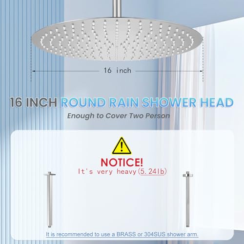 16 inch Ceiling Round Rain Shower Head Brushed Nickel - All Metal Stainless Steel 304, Full Body Round Rainfall Shower with 230 Silicone Nozzles - color: Brushed Nickel, size: 16 Inch