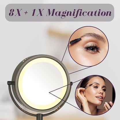 JERDON Lighted Wall-Mount Makeup Mirror - 8X - Bronze - HL75BZ | 8.5" Diameter, 13.5" Wall Arm, LED Lighting, Corded Plug-In Power