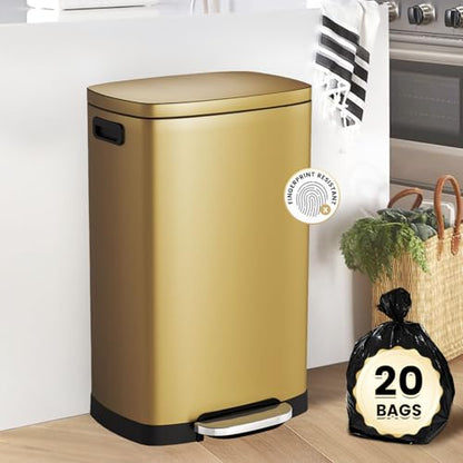 ELPHECO Kitchen Trash Can with Lid 13 Gal Stainless Steel Pedal Garbage Can | Soft Close Lid Pedal Heavy-Duty Fingerprint Proof Step Wastebasket with 20 Bags Removable Bucket, Home Office, Titanium Gold - color: Titanium Gold