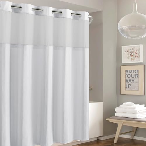 It's A Snap! Waffle Stripe Shower Curtain, 2-in-1 with Fabric and Sheer Top Window, Flex-On Rings, Liner Compatible, 71' x 74', Bright White - color: Bright White Stripe, size: 71"W x 74"L (Pack of 1), style: Without Magnets
