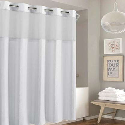 It's A Snap! Waffle Stripe Shower Curtain, 2-in-1 with Fabric and Sheer Top Window, Flex-On Rings, Liner Compatible, 71' x 74', Bright White - color: Bright White Stripe, size: 71"W x 74"L (Pack of 1), style: Without Magnets