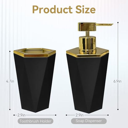 2 Piece Plastic Bathroom Accessories Set, Black Bathroom Sets Accessories | Soap Dispenser and Toothbrush Holder, Modern Bathroom Decor, Bathroom Sets Accessories
