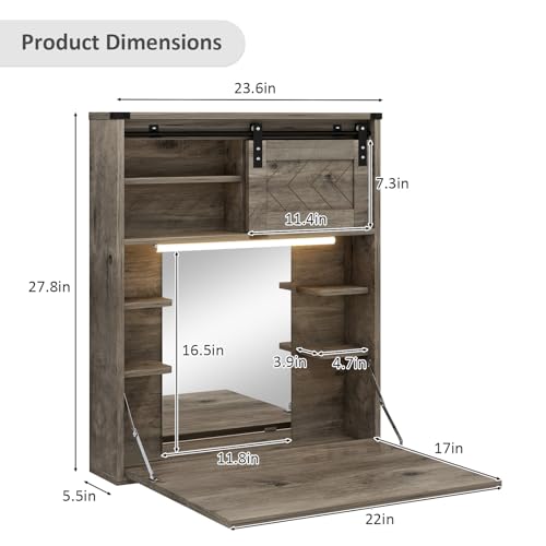 ARTETHYS Floating Vanity Desk with Mirror and Lights Small Wall Mounted Makeup Set with Storage Gray Farmhouse Dressing Table for Tiny Space - color: Grey