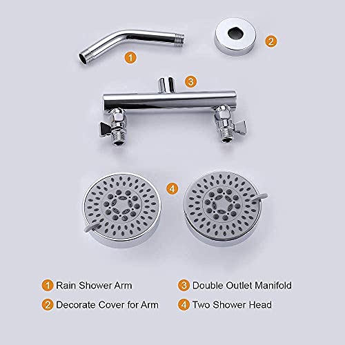 AZOS Double Shower Head with Shut-Off Valve, Bathathroom High Pressure Dual Fixed Rain Shower Head Combo with Brass Dual Outlet Manifold, Adjustable 5 Function Showerhead Chrome - color: Chrome