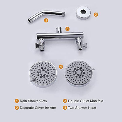 AZOS Double Shower Head with Shut-Off Valve, Bathathroom High Pressure Dual Fixed Rain Shower Head Combo with Brass Dual Outlet Manifold, Adjustable 5 Function Showerhead Chrome - color: Chrome