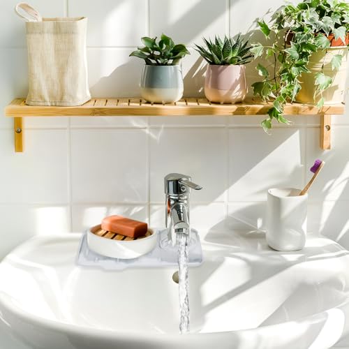 Dimeho Sink Faucet Splash Guard Mat Silicone Soap Dish Pad Faucet Handle Drip Catch Sponge Holder Sink Protector Trays for Bathroom Kitchen Countertop Gadgets Accessories 8.3 x 5.7 Inch (Marble) - color: Marble