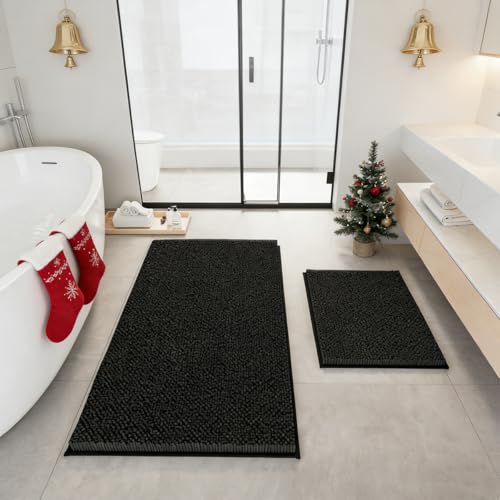 RUN HELIX Bathroom Rugs Set 2 Piece Thick Chenille Bath Mats, Soft Quick Dry Plush Absorbent Bath Rugs with Non-Slip PVC Backing, 32x20+24x16 Inch Black - color: Black