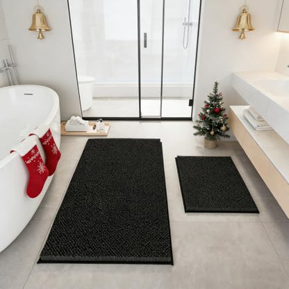 RUN HELIX Bathroom Rugs Set 2 Piece Thick Chenille Bath Mats, Soft Quick Dry Plush Absorbent Bath Rugs with Non-Slip PVC Backing, 32x20+24x16 Inch Black - color: Black
