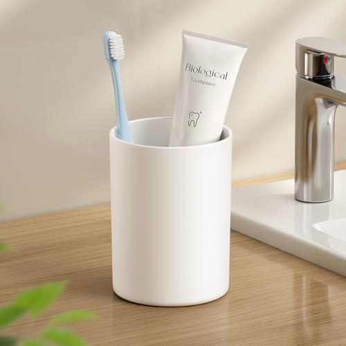 Bathroom Tumbler 13.75oz 1PK- Non Slip Plastic Toothbrush Cup, White | Easy to clean 390ml plastic bathroom tumbler with non-slip grip. Durable toothbrush cup for home, travel and business - color: White, size: 1PC