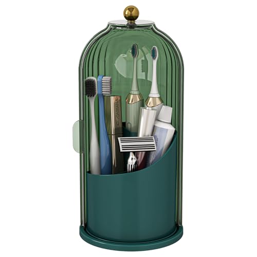 Toothbrush and Toothpaste Holders with Cover, All Green | Waterproof and Dustproof, 360° Rotating Base, Smooth Sliding Door, 3 Slots, for Bathroom Countertop - color: All Green