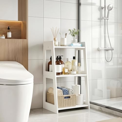 3-Tier Bathroom Ladder Shelf Freestanding, 15.7" W x 27.6" H | White PVC Floor Shelves, Small Bookshelf, Nightstand, for Home Study, Laundry Room, Open Display Rack, 11.8" Deep - size: 11.8"D x 15.7"W x 27.6"H