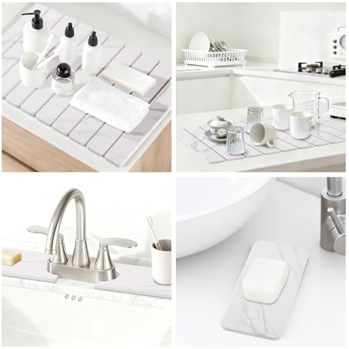 3 Pcs Large Stone Dish Drying Mat for Kitchen Counter Quick Dry Board Pad | Diatomaceous Earth Stone Drying Set With Sink Faucet Drip Catcher And Small Coaster, Super Absorbent Marble Water Tray - color: White Grey Marble