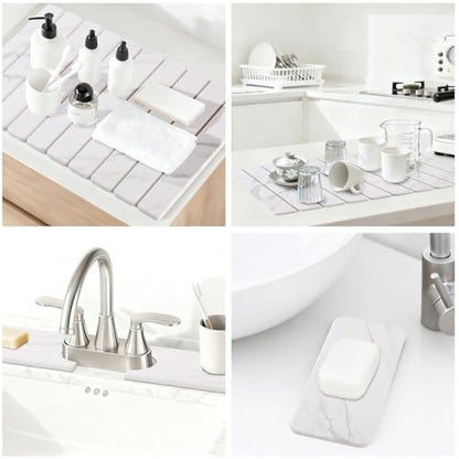 3 Pcs Large Stone Dish Drying Mat for Kitchen Counter Quick Dry Board Pad | Diatomaceous Earth Stone Drying Set With Sink Faucet Drip Catcher And Small Coaster, Super Absorbent Marble Water Tray - color: White Grey Marble