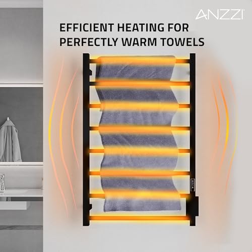ANZZI Bell 8-Bar Wall Mounted Towel Warmer in Matte Black, Energy Efficient 80W Electric Plug in Heated Towel Rack for Bathroom, Steel Towel Heater Rail On/Off Switch Drying Rack, TW-AZ026MBK - color: Black