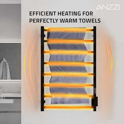 ANZZI Bell 8-Bar Wall Mounted Towel Warmer in Matte Black, Energy Efficient 80W Electric Plug in Heated Towel Rack for Bathroom, Steel Towel Heater Rail On/Off Switch Drying Rack, TW-AZ026MBK - color: Black