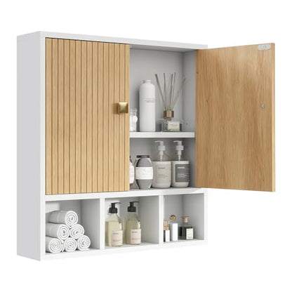 Bathroom Wall Cabinet,Wooden Medicine Cabinet with Fluted Doors Over The Toilet Storage Cabinet with Adjustable Shelf for Bathroom,White - color: White-wood Block