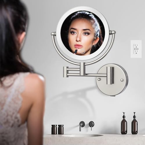 Wall Mounted Lighted Makeup Vanity Mirror with Magnification 10X, Hardwired | Bathroom 8 Inches Double Sides Magnifying, 3 Color Lighting Touch Dimming, Extended Arm Shaving Hard Wired, Brushed Nickel - color: Brushed Nickel