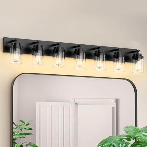 IZORRO Bathroom Vanity Light Fixture, 7-Light 52 inch Matte Black Bathroom Light Fixtures Over Mirror, with Clear Glass Shade, Modern Farmhouse Vanity Lights, Rustic Restroom Lighting Fixtures - color: Black-Clear Glass Shade, size: 52 inch-7-Light