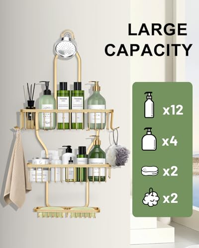 Shower Caddy Hanging - Never Rust Shower Hanging Organizer - Aluminum Over the ShowerHead Caddy with Soap Basket and 6 Razor/Sponge Hooks (Gold) - color: Gold