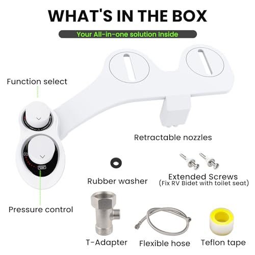 RV Bidet for Camper Toilet, Non-Electric Toilet Sprayer Attachment with Dual Nozzles, Adjustable Pressure, Front/Rear/Self Cleaning, Upgrade for Trailer, Motorhome, RV Bathroom (White-Black)