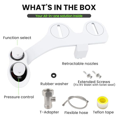 RV Bidet for Camper Toilet, Non-Electric Toilet Sprayer Attachment with Dual Nozzles, Adjustable Pressure, Front/Rear/Self Cleaning, Upgrade for Trailer, Motorhome, RV Bathroom (White-Black)