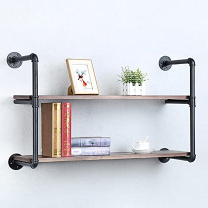 Industrial Pipe Shelves With Wood Planks,Rustic Pipe Shelving Wall Shelf | Metal Pipe Solid Pine Wood,Easy to Assemble,Wooden Board Thickness 0.78 In,For Bar Farmhouse Kitchen Office Bathroom,Bedroom - color: 2-layer, size: 36in