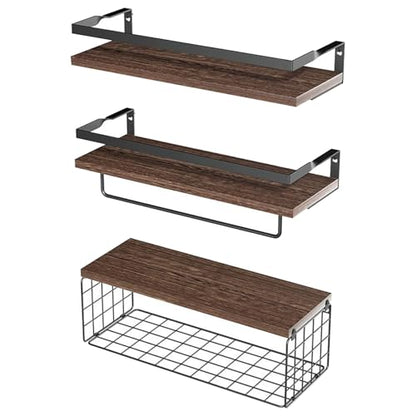 Home Storage Wall Mounted Floating Shelf with Storage Basket,Stylish Wood Over Toilet Rack for Bathroom, Bedroom, Kitchen Organization
