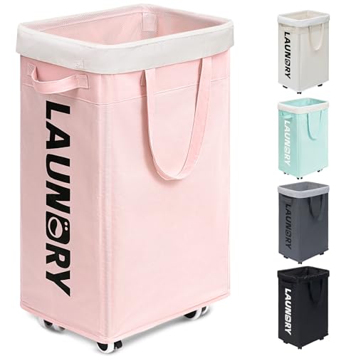 Goodpick 75L Laundry Hamper with Wheels, Dorm Room Essentials for Girls | Laundry Basket with Wheels, Collapsible Laundry Basket, Rolling Laundry Hamper with Handle for College Dorm,Pink - color: Pink 1-Pack