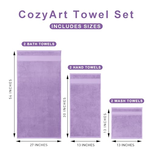 COZYART Bath Towel Set 6 PCS, Luxury Lavender 100% Turkish Cotton 650GSM | Soft Absorbent Quick Dry, OEKO‑Tex 100 Cert. Zero Twist Ring Spun Cotton, Plush Fluffy, Breathable Hotel Quality Towels Set - color: Lavender