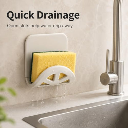 Silicone Sponge Holder with Adhesive Mount, Bathroom & Kitchen Sink Caddy with Drain Holes, Phone Stand, Compact Countertop or Faucet Edge Storage, White