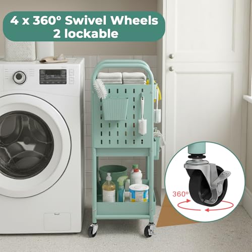 Rolling Cart, Movable Utility Organizer with Retractable Dividers & Pegboards for Kitchen, Bathroom, Office - color: Green