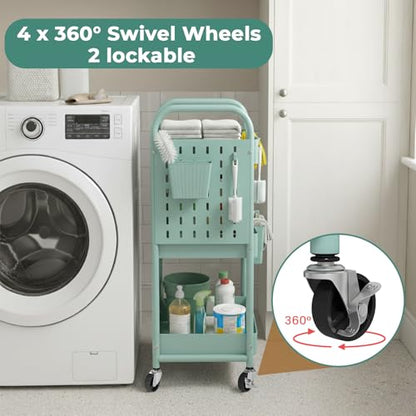 Rolling Cart, Movable Utility Organizer with Retractable Dividers & Pegboards for Kitchen, Bathroom, Office - color: Green