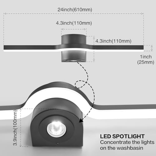 Bathroom Light Fixtures Over Mirror – 24 Inch Black Vanity Light for Bathroom LED Dimmable 6000K Cool White with Extra Spotlight Modern Matte Black Aluminum - size: 24 Inch