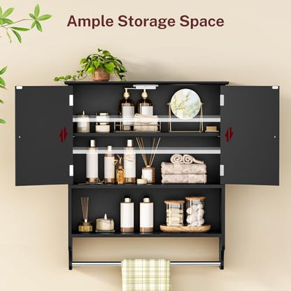Iwell Bathroom Wall Cabinet with Adjustable Shelf & Doors, Over The Toilet Storage Cabinet, Medicine Cabinet for Bathroom, Laundry Room, Kitchen, Black