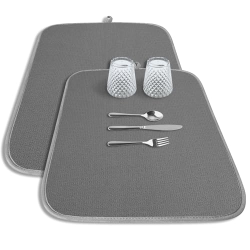 Kitsure 2 Pack Dish Drying Mat for Kitchen Counter, 20" x 14", Dark Grey | Microfiber, 3-Layer Ultra Absorbent Pad, Machine Washable kitchen mat with a Hanging Hook, Dish Drainer Mat - color: Dark Gray, size: 20" x 14"