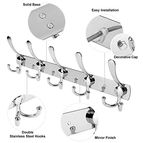 Wall Mount Coat Hook, 2 Pack 15 Hooks Stainless Steel Coat Hangers Rack Robe Hat Clothes Hook Wall Coat Rack Hooks - color: ‎Silver