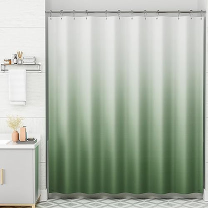 AmazerBath Fabric Shower Curtain Set, Ombre Grass Green Curtain with 12 Curtain Hooks, Rustic Cloth Green and White, Cute Washable Bathroom Shower Curtain, 72x72 Inches - color: A- Green Ombre +12 Metal Hooks, size: 72"W x 72"L (Pack of 1)