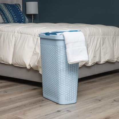 Mind Reader Slim Laundry Hamper with Lid, 40L Clothes Basket, Narrow Tapered Design with Ventilated Cutout Pattern, Plastic, Baby Blue - color: Baby Blue, size: Single