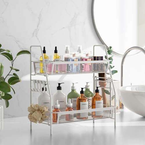 VITVITI 2-Tier Bathroom Organizer Countertop, Metal Wire Mesh Bathroom Counter Organizer Storage with Basket Hooks, Vanity Tray Shelf, Kitchen Spice Rack, Small White - color: Small White Wire Mesh