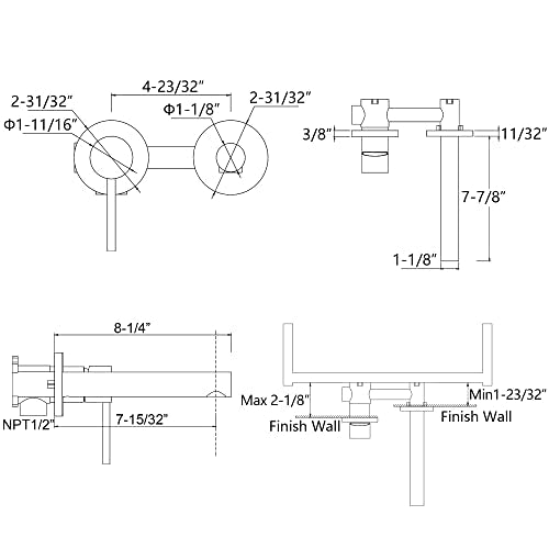 SUMERAIN Wall Mount Bathroom Faucet Brushed Nickel Single Handle | For Left-Handed Users, 2 Holes, with Rough in Valve - color: Brushed Nickel, size: Left-Handed
