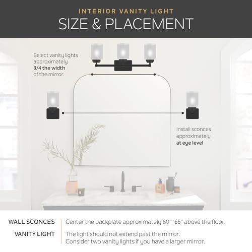 Kichler Winslow 4-Light Farmhouse Vanity Light, Black | Clear seeded glass vanity light with industrial styling (30" x 9.25" x 6.5"), 45887BK - color: Black, size: 30"