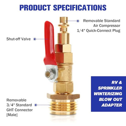 RV Winterize Blowout Adapter Kit,1/4" Quick Connect Plug 3/4" Garden Hose Thread with Ball Valve and Washers, Heavy-Duty Brass Fitting for RV, Boat, Camper, and Trailer Systems - style: RV Winterize Blowout Adapter Kit